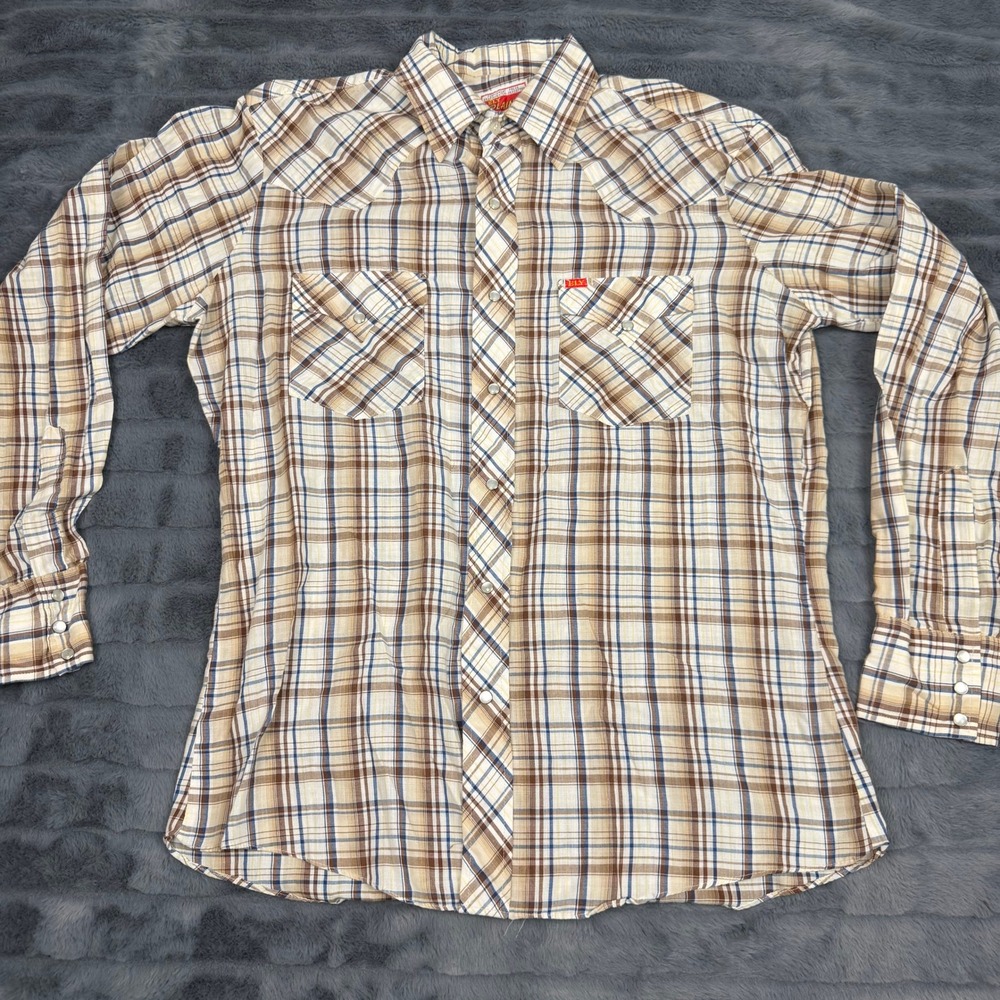 Ely Plains Vintage Mens Western Pearl Snap Shirt Plaid Tan Brown Blue 16-35
